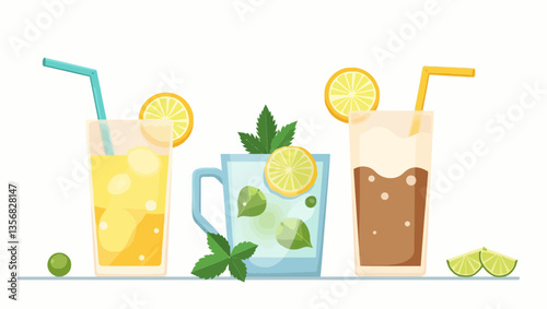 Vector illustration of three summer drinks with lemon, mint, and ice in refreshing glass designs on white background.