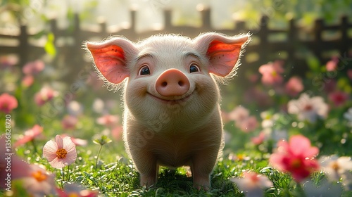 Wallpaper Mural A content pig stands in a grassy field with a rustic wooden fence in the background, soft diffused light highlights its healthy form, evoking calm and simplicity.   Torontodigital.ca