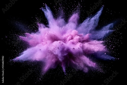 Vibrant explosion of purple powder creating a dynamic artistic display in a dark environment