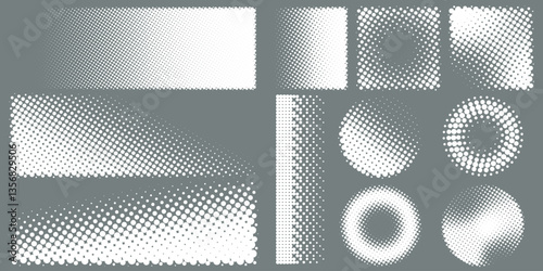 Abstract white gradient halftone textures isolated on a gray background. Various geometric shape patterns are made of simple dots. Vector illustration