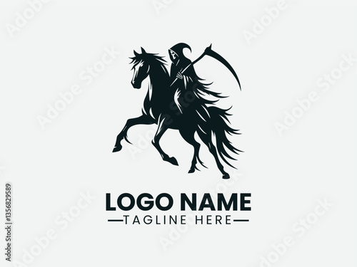 Grim Reaper Riding Horse Silhouette Dark Fantasy Logo Design