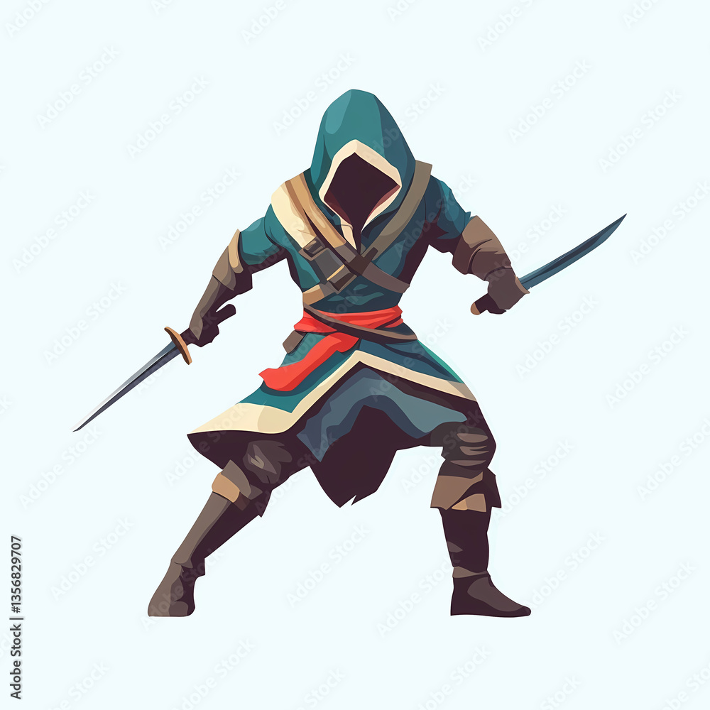 A hooded figure with twin swords stands poised, ready for action, a bold artistic representation of a fantasy warrior. A hooded figure with twin swords stands poised, ready for action, a bold artistic representation of a fantasy warrior.