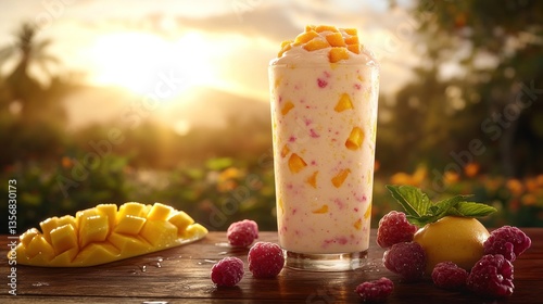 Mango raspberry smoothie, outdoor setting, sunrise background, food photography photo