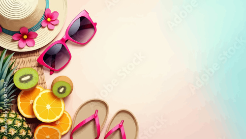 Summer essentials including hat, sunglasses, fruits, and flip flops arranged on pastel background for vacation visuals.