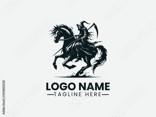 Grim Reaper Riding Horse Silhouette Dark Fantasy Logo Design