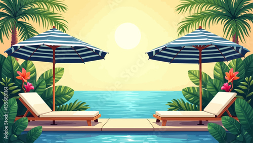 Tropical sea view with sunbeds and umbrellas, framed by palm trees and flowers, in a relaxing summer design.