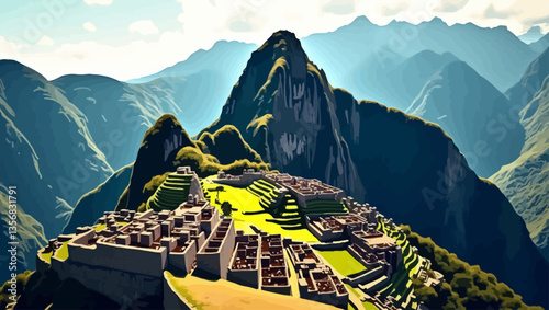 Bright and vibrant view of Machu Picchu, showing detailed Inca architecture and mountain peaks under clear sky.