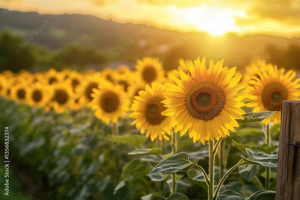 Obraz premium Sunlit sunflower field with golden blooms at sunset.