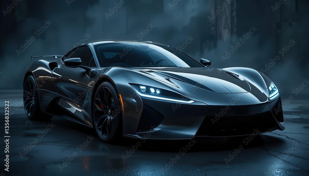 Fototapeta premium sleek black sports car with aggressive aerodynamics and LED headlight