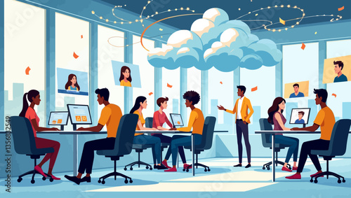 Illustration of office workers in a modern digital workspace connected through cloud technology and virtual communication.