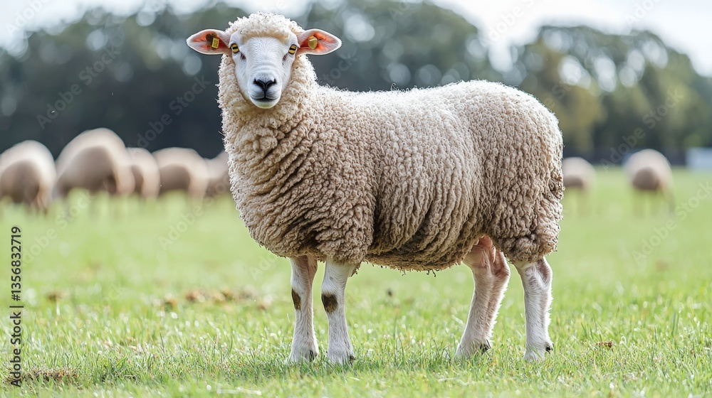 Fototapeta premium Texel sheep stands alert in bright meadow showcasing its dense snow-white fleece