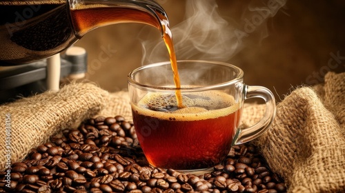 A close-up of a coffee press with freshly brewed coffee being poured into a mug, surrounded by coffee beans and a warm cloth.