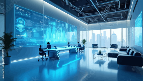 Futuristic business team analyzing digital data on large interactive screens in a high-tech meeting room.