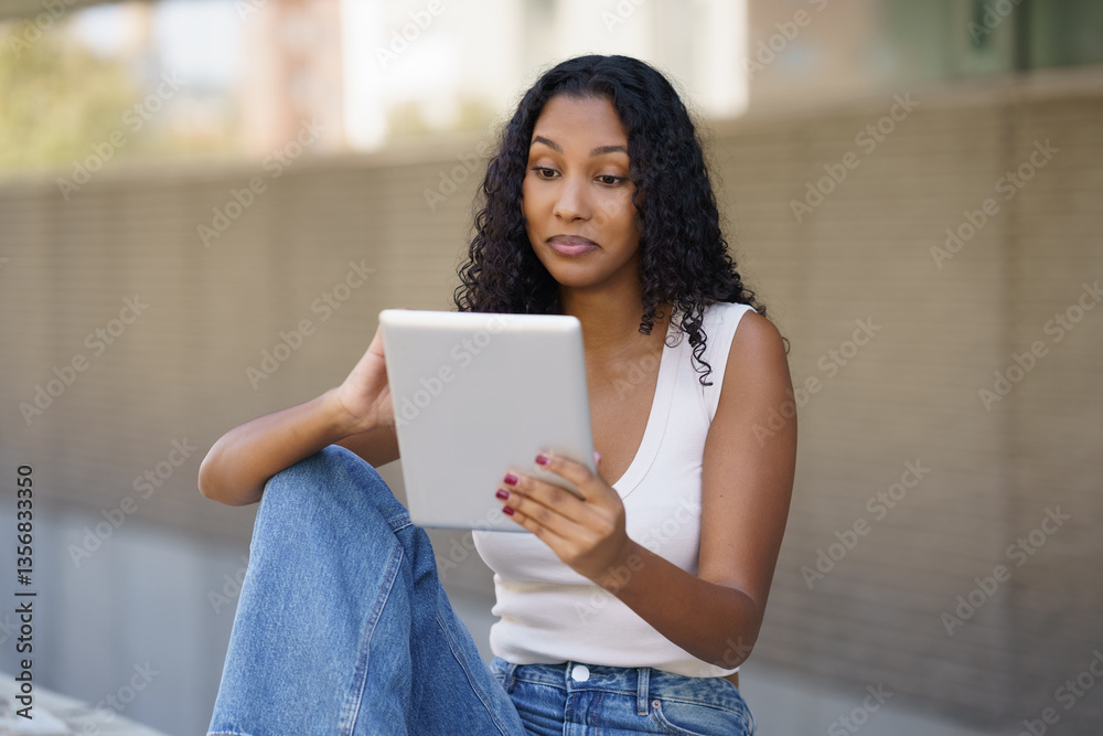 Fototapeta premium A young woman is actively engaged with her digital tablet while enjoying the outdoor setting