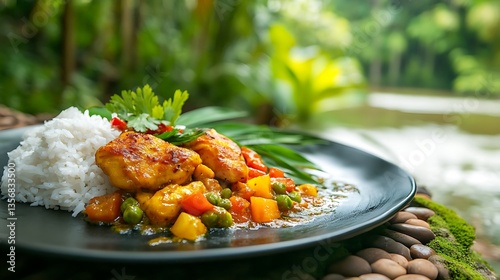 Savory Chicken & Rice Dish Isolated on Lush Jungle Background