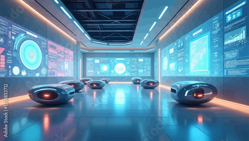Smart autonomous transport pods in a high-tech corridor with holographic control panels and dashboards.