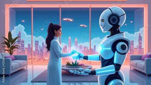 Female scientist shaking hands with humanoid robot in a futuristic smart home with city skyline view.