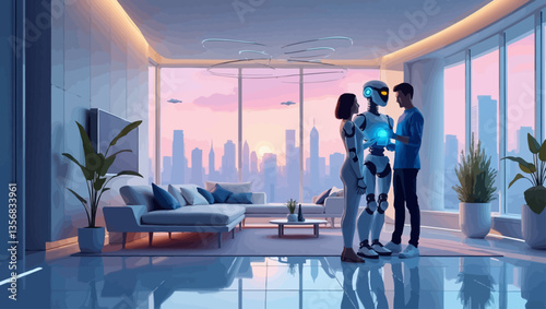 Couple interacting with humanoid robot in a modern smart apartment with futuristic city view at sunset.