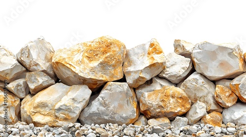 A close-up view of various rocks and gravel forming a natural landscape featuring alluvial gold in the background scene