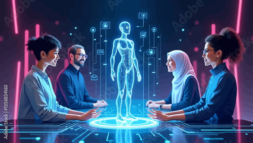 Diverse team collaborating with a female AI hologram in a futuristic room with interactive tech visuals.