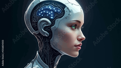Side profile of female cyborg with illuminated brain and robotic features representing futuristic AI.
