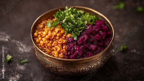 Hearty Lentil and Beet Curry in Brass Dish – Vibrant Split Presentation