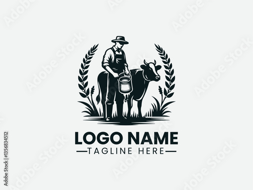 farmer milking cow with pail. Traditional dairy farm logo