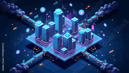 Connected smart city with cloud networks, glowing buildings, and futuristic tech-driven infrastructure.