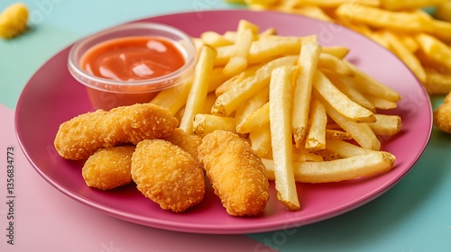 Delicious Snack Platter with Fries, Sausage & Nuggets – Colorful Background
