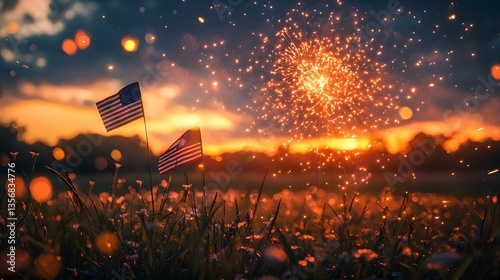 Fireworks Sunset, Field, Patriotism, Celebration