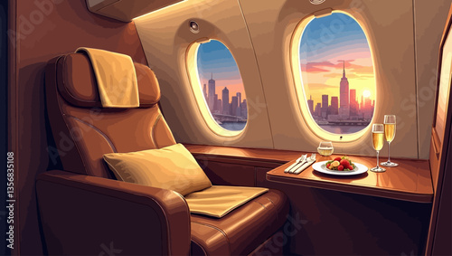Elegant airplane window seat with gourmet meal and double windows framing a city skyline sunset.