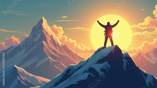 A man standing victorious on a mountain peak at sunrise, symbolizing achievement, success, and reaching goals.
