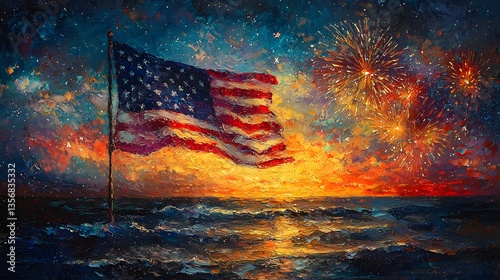 Flag, fireworks, ocean sunset, patriotic scene
