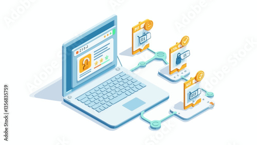 Isometric vector of laptop connected to online profiles and payment systems, symbolizing digital marketing and e-commerce.