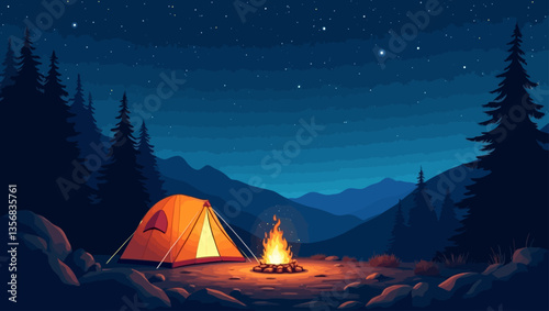 Mountain forest camping scene with yellow tent and fire under starry sky, expressing tranquility and outdoor adventure.