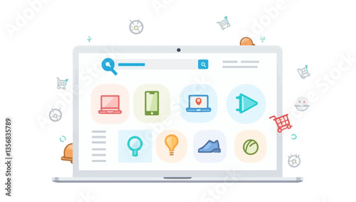 Flat vector of laptop screen with online shopping categories and product icons, symbolizing digital retail platform.