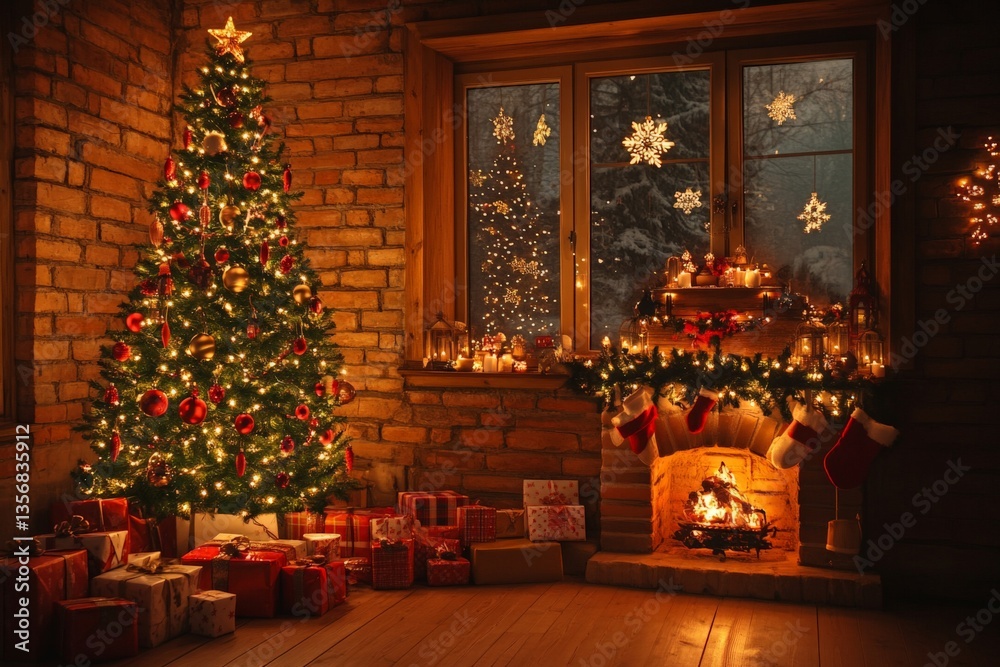 Fototapeta premium Cozy winter evening with Christmas tree glowing beside a warm fireplace in a rustic cabin setting
