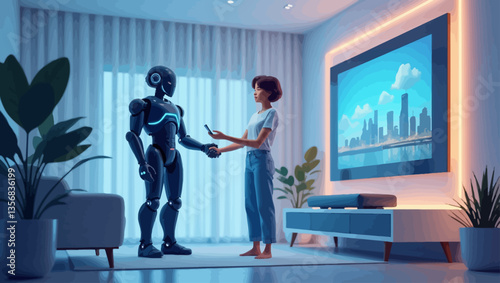 Vector showing woman interacting with humanoid robot in smart living space, representing AI integration in daily life.
