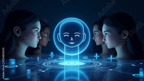 Group of women interacting with digital face hologram, symbolizing future AI, diversity, and intelligent communication.