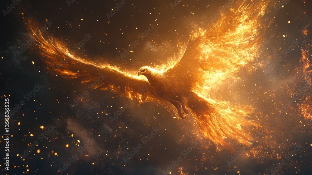 Fototapeta premium Majestic phoenix soars through a fiery night sky with glowing ember trails in a dramatic fantasy scene