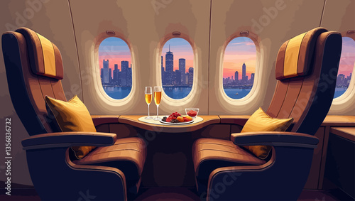 Two first-class airline seats with gourmet meal and drinks in front of city view windows, symbolizing elite travel.
