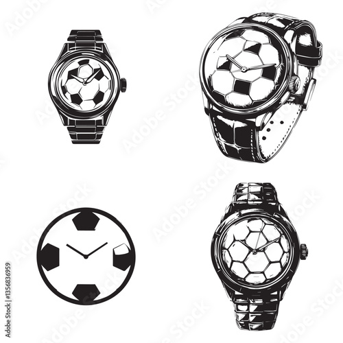 set of four images of a wristwatch in a sporty football style with a ball, vector, graphics
