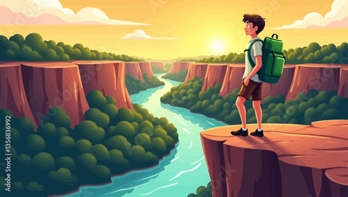 Solo backpacker standing on cliff at sunset, enjoying panoramic canyon river view, symbolizing freedom and adventure.