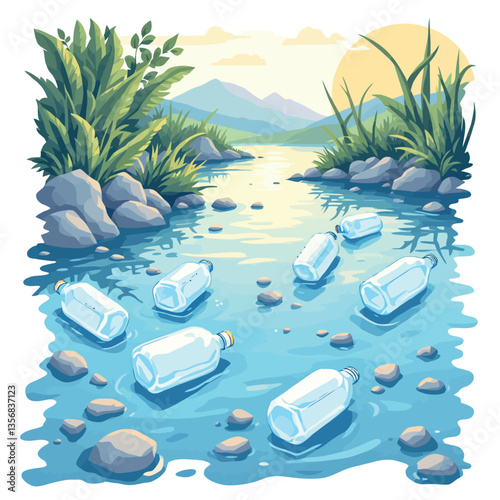 Plastic bottles polluting a clean river in nature
