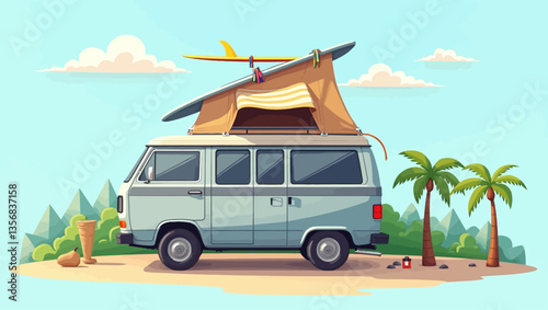 Camper van with rooftop tent and surfboard parked near palm trees, symbolizing summer freedom and adventure travel.