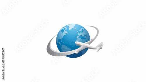 Airplane circling around the globe, symbolizing international travel, aviation, and global tourism.