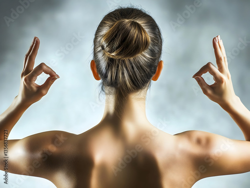 Rear view of a woman in meditation pose with hands in mudra gesture. Strong yet calm atmosphere, ideal for wellness, mindfulness, yoga, strength, and mental clarity themes.