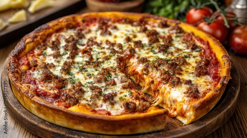 A deep-dish pizza oozing with cheese, topped with rich tomato sauce and Italian sausage, served on a wooden platter.