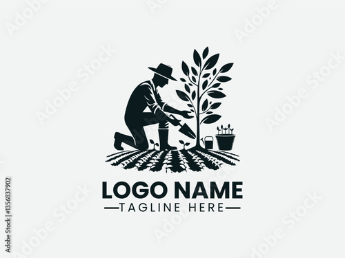 Farmer Planting Seedling Logo Design, Planting Farmer Logo, Agriculture Farmer
