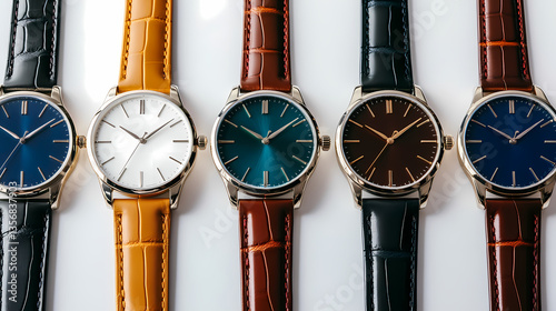 Time on Display: A collection of meticulously crafted wristwatches arranged in a perfect line, displaying a range of elegant designs and colors. The image celebrates precision and timeless aesthetics.